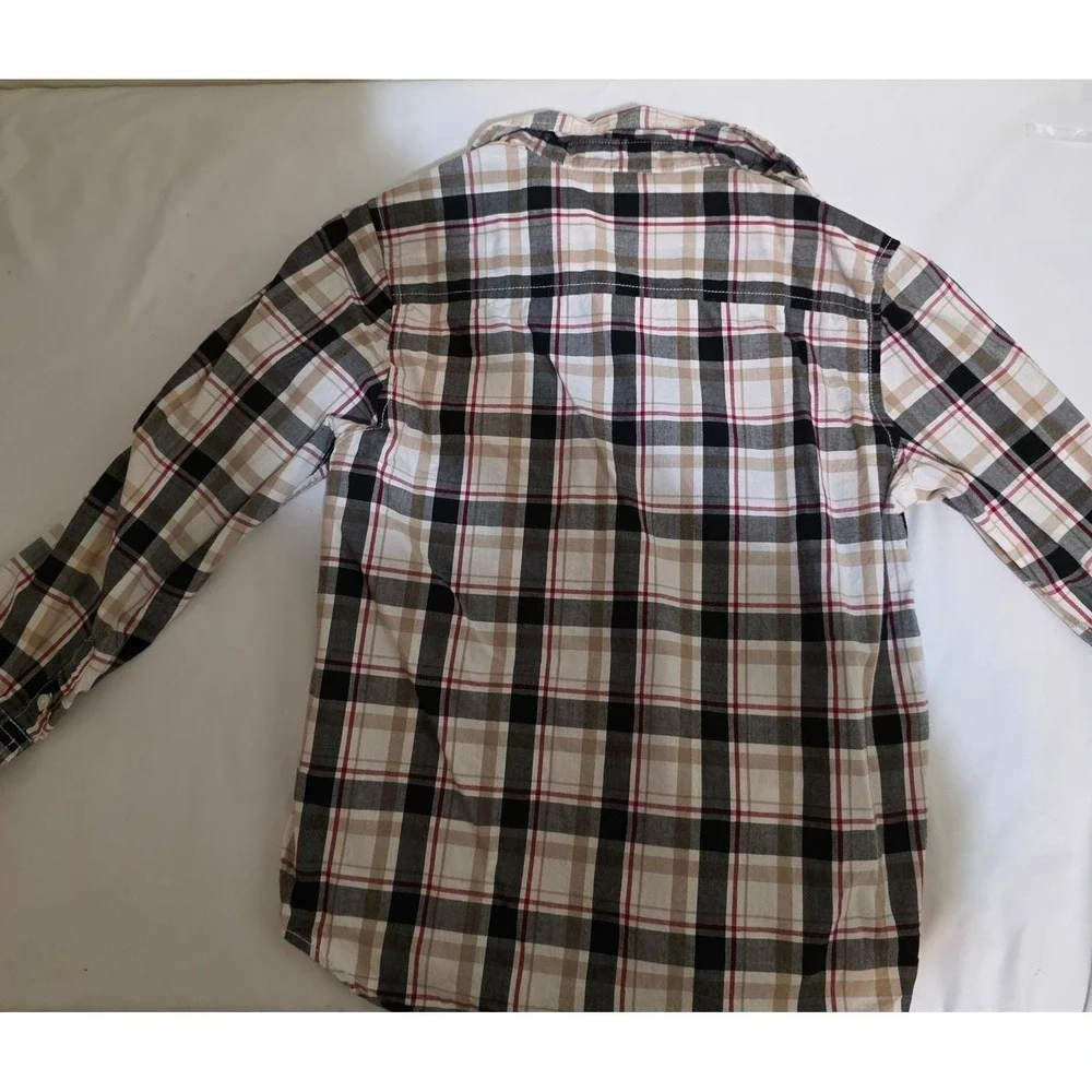Boys Plaid Button Down Shirt Black Tan White Long Sleeve Size M 7-8